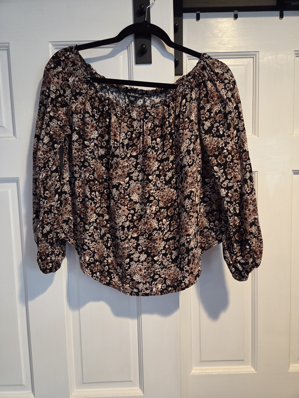 Floral Crop Peasant Top in Black, Rose and Brown